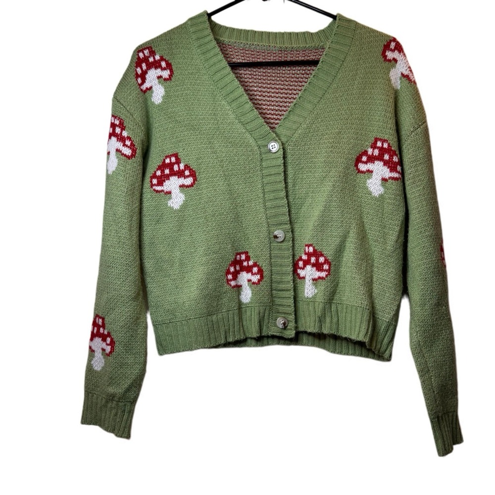 SHEIN Green Mushroom Knit Cardigan with Red & White Accents